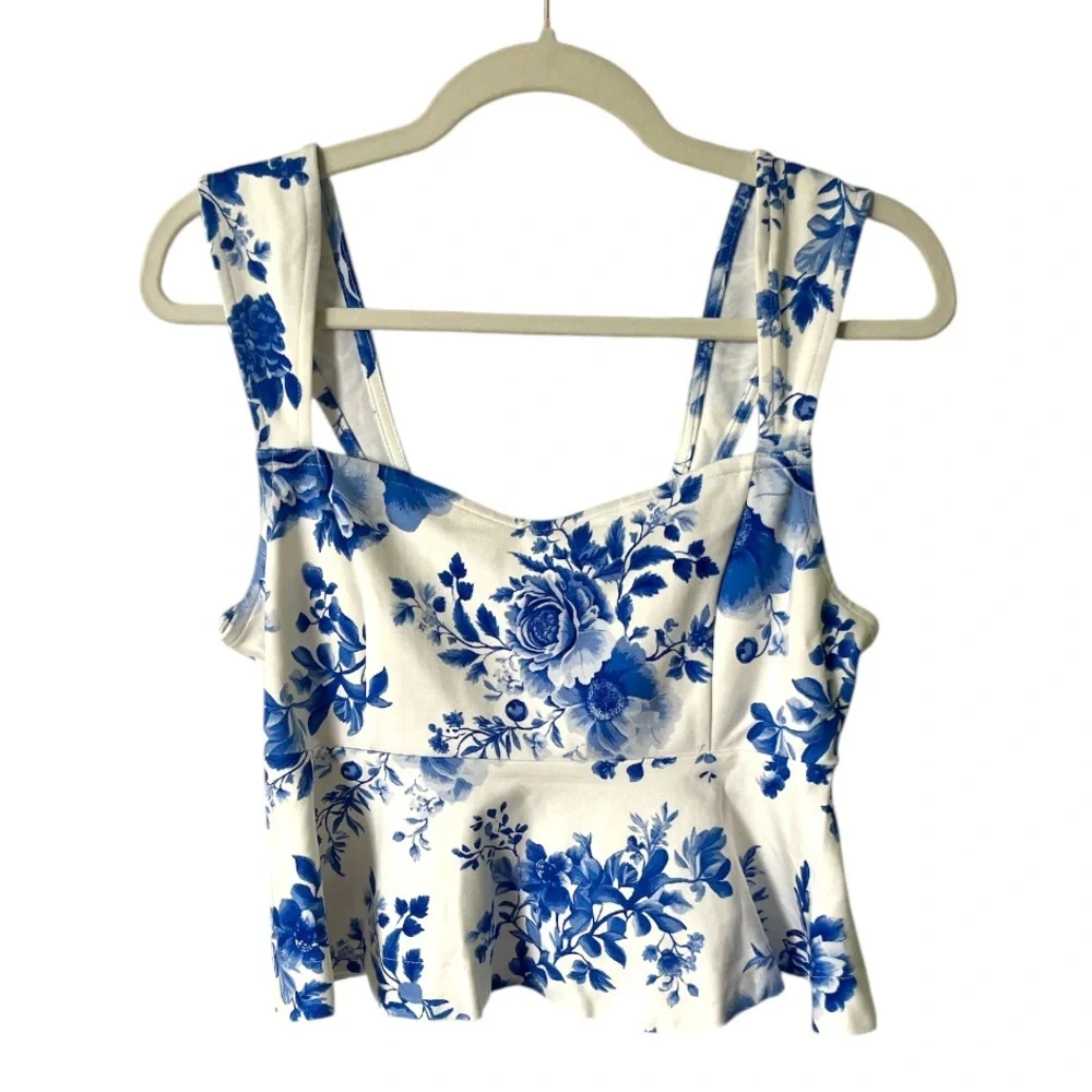 Anthropologie Maeve Square-Neck Peplum Tank Top in Blue Pattern Size M nwt - Picture 4 of 11